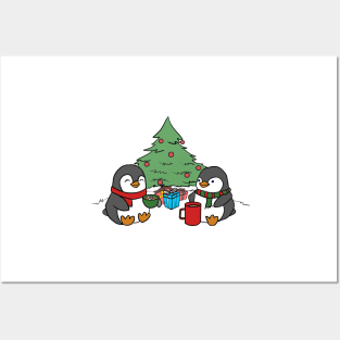 Christmas Penguins Enjoying Hot Cocoa with Christmas Tree v2 Posters and Art